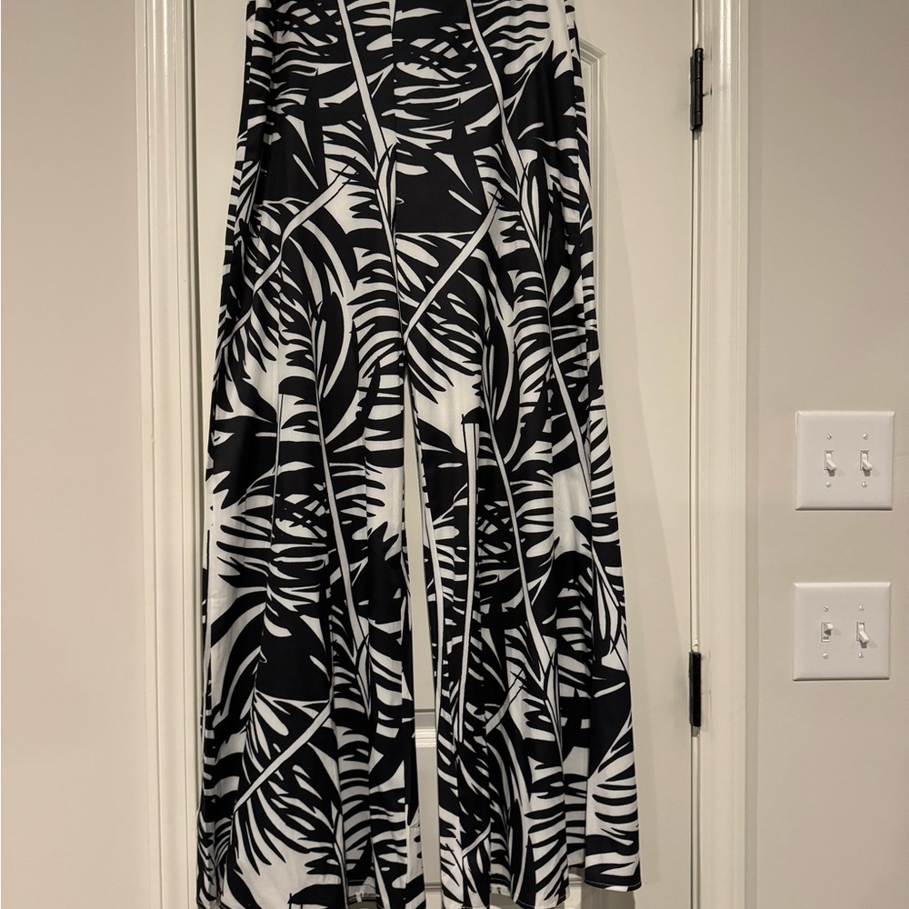 Black and White Wide Leg Pants with Tropical Print